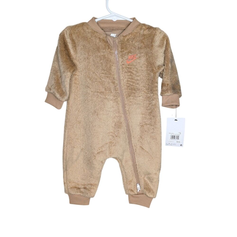 NWT Nike Baby Powder Play Cozy Coverall 6 Mos Brown HempFaux Sherpa Logo